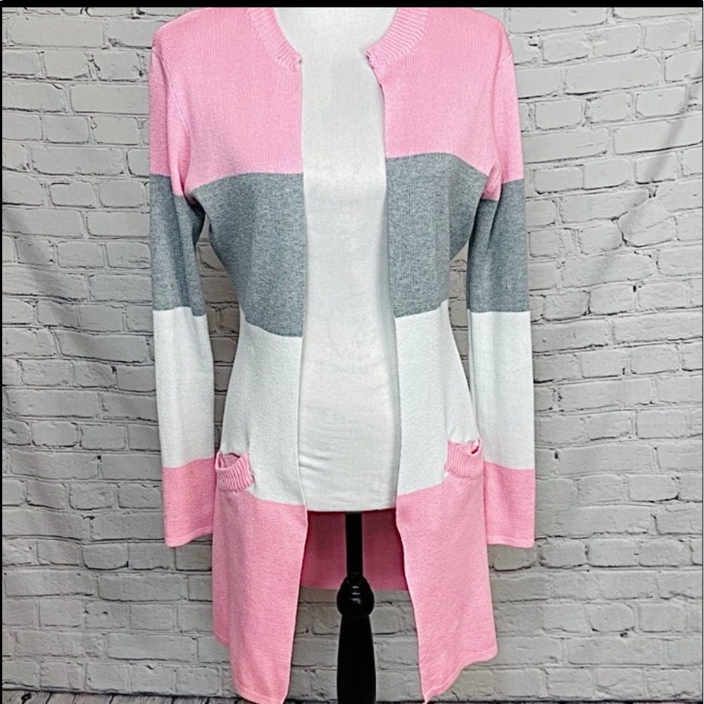 Pastel pink gray white open cardigan duster L